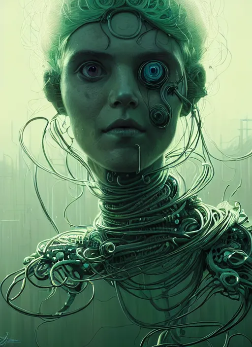 Prompt: highly detailed portrait of a biopunk long curly white hair tribal lady, stray wiring by atey ghailan, james gilleard, by joe fenton, by greg rutkowski, by greg tocchini, by kaethe butcher, 4 k resolution, gradient green, black and white color scheme!!! ( ( irradiated robotic wasteland background ) )