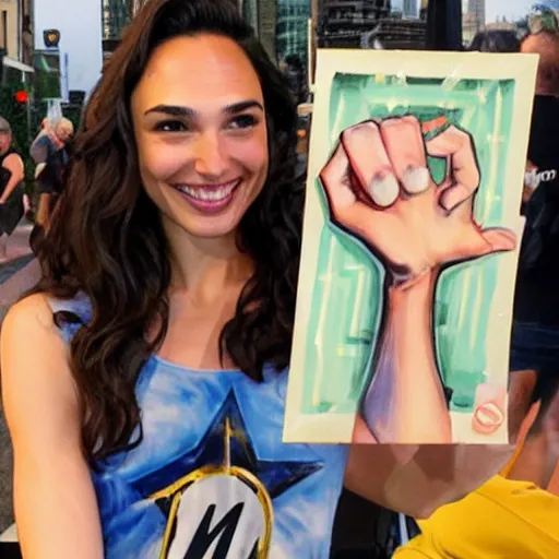 Image similar to Gal Gadot holding a sign that says M I T C H I E P O O !!!! as painted by Ralph Horsley