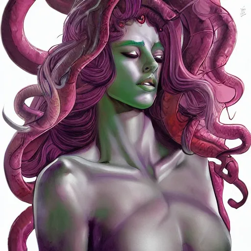 Image similar to medusa painting, comic style, seductive, dynamic lighting, artstation, detailed, blurred background