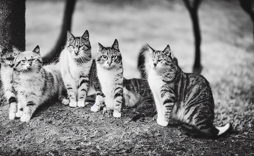Prompt: pack of cats, on trees, on ground, wood, lomography effect, analogue photo, unfocused, monochrome