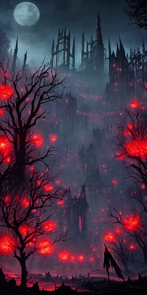 Image similar to populated bloodborne old valley with a dark person at the centre and a ruined gothic city in the background, trees and stars in the background, falling red petals, epic red - orange moonlight, perfect lightning, wallpaper illustration by niko delort and kentaro miura, 4 k, ultra realistic, upscaled