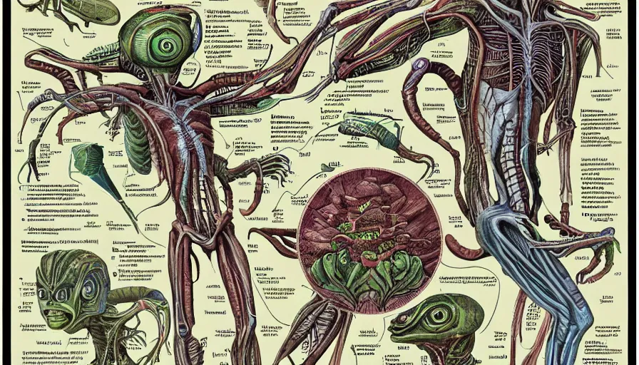 Prompt: illustrations from an alien anatomy textbook, infographics, highly detailed, intricate,