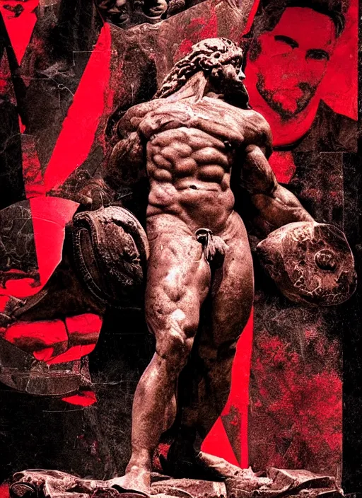 Image similar to design poster showing a statue of hercules, black background with very subtle red and purple design elements, powerful, nekro, vito acconci, graphic design, collage art, subtle thin lines, dark, glitch art, neo vaporwave, gritty, layout frame, square, trending on artstation