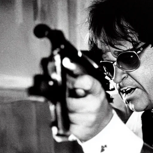 Image similar to Danny DeVito in Scarface holding M16, cinematic, sharp focus, movie still, atmospheric, Action scene, 8k,