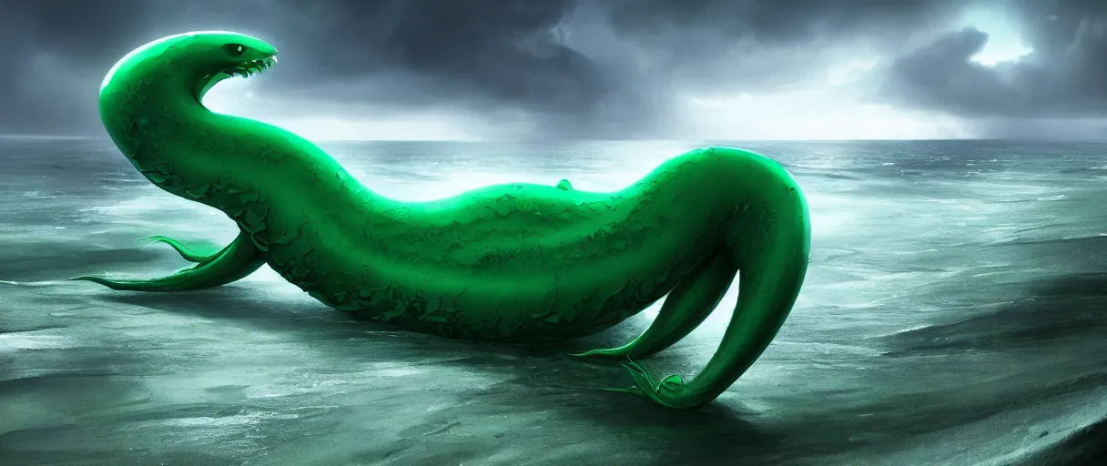 Prompt: a stunning cinematic extreme wide shot of an adorable confused slick sleek smooth green and jade humanoid sea monster wearing clothes made of seaweed on a dark stormy beach, well designed perfect with huge luminous sad eyes, sharp claws, cgsociety, hd octane render, fantasy, furry art, artstation, deviantart, furaffinity, very very clean, super smooth, thunderclouds