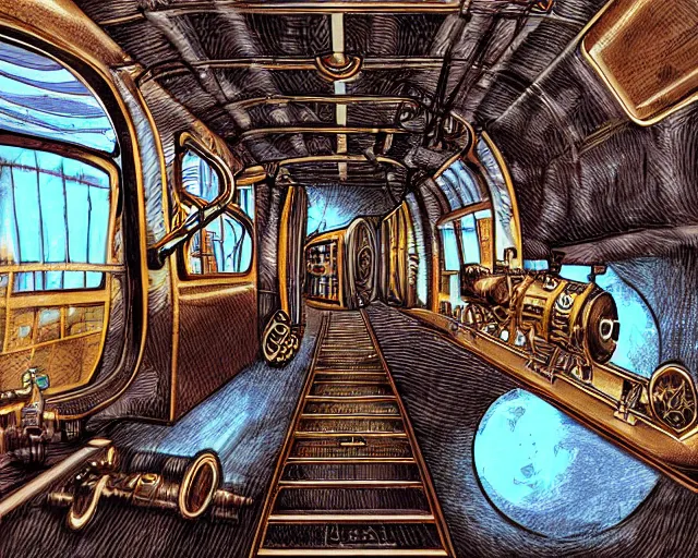 Image similar to steampunk train in space, digital Art, Rendering