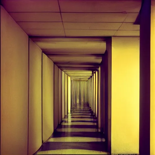 Image similar to noisy color photograph of a liminal space in the style of MC Escher, hallways, minimalist, oddly familiar, cinematic, dramatic lighting, soft vintage glow