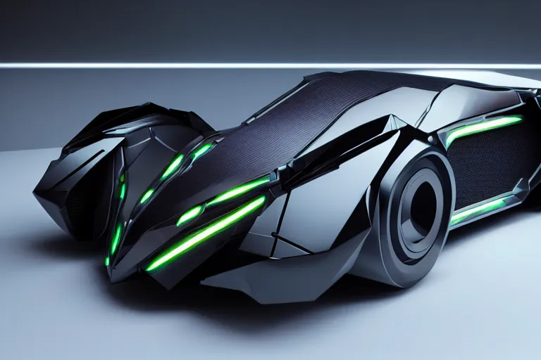 Image similar to cyberpunk batmobile concept inspired sports car, futuristic look, highly detailed body, very expensive, photorealistic camera shot, bright studio setting, studio lighting, crisp quality and light reflections, unreal engine 5 quality render