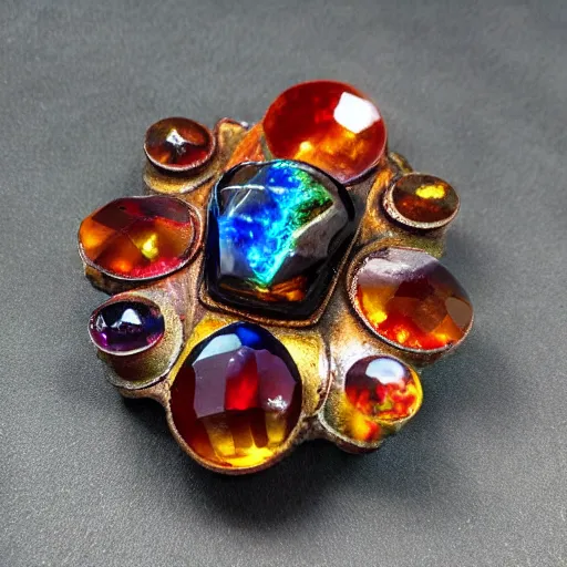 Image similar to 4 eyed crystal piece of metal, rough, deep gorgeous colors, ultra detailed