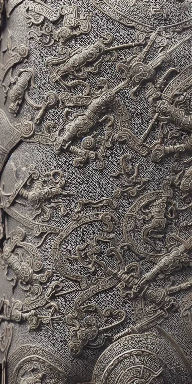 Image similar to detailed photorealistic ancient han chinese warriors soldiers army ⚔ 🪖 ⛩ with traditional chinese engravings and ornamentation on armour and weapons, and shining metallic 3 d surfaces, mandarin calligraphy, damask pattern, wide angle, 3 d