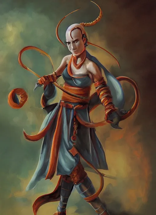 Image similar to a tough female d & d tiefling monk painted by raymond swamland