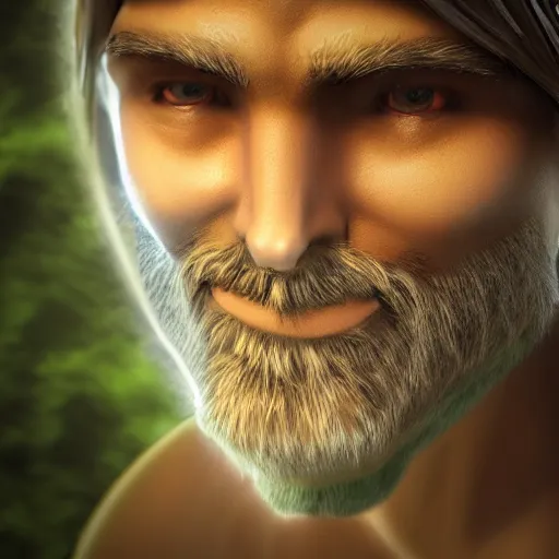 Prompt: close up realistic face of a druid man, light fog,