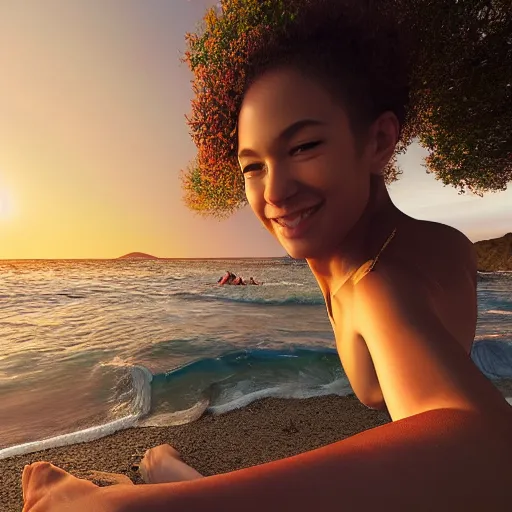 Prompt: beautiful serene intricate portrait of you and me taking a selfie, smiling softly, relaxing on the beach, golden hour, soft focus, 8 k, art by irakli nadar, hyperrealism, hyperdetailed, ultra realistic