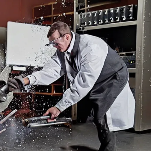 Image similar to a scientist smashing a computer with a giant hammer