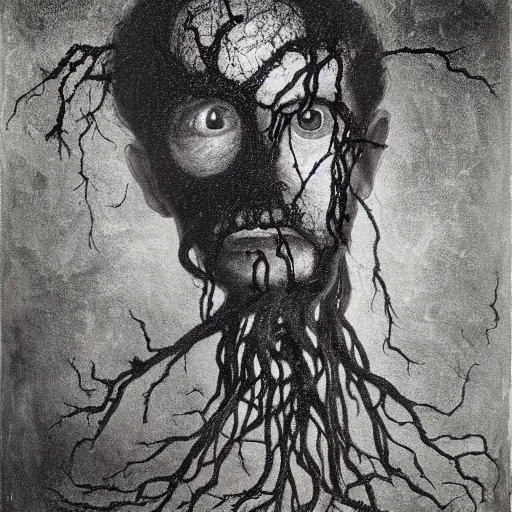 Image similar to award - winning painting of a edgar alan poe, infested with pitch black, tar - like, shadow roots with lots of tendrils on the skin, black veins, intricate detail, deep black roots, infestation, shadowy, lovecraftian, beksinksi, black and white, chiaroscuro, full body shot