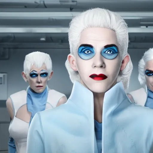 Image similar to troop of freak show women with white hair, white hair, tight light blue neopren suits, futuristic production facility, sci - fi, highly detailed, cinematic