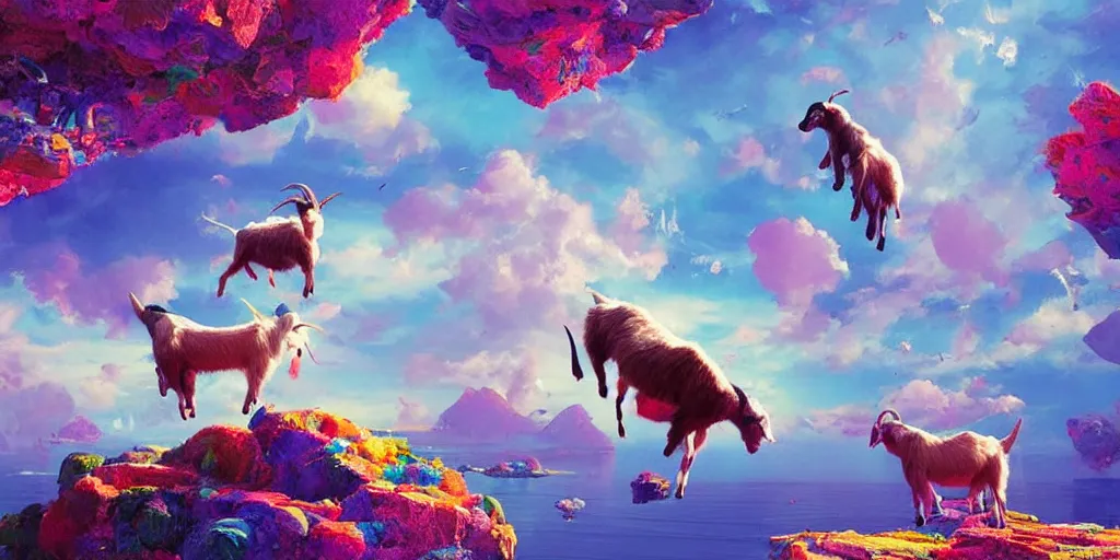 Prompt: Floating goats on LSD over a technicolor ocean, Darek Zabrocki, Karlkka, Jayison Devadas, Phuoc Quan, trending on Artstation, 8K, ultra wide angle, pincushion lens effect.
