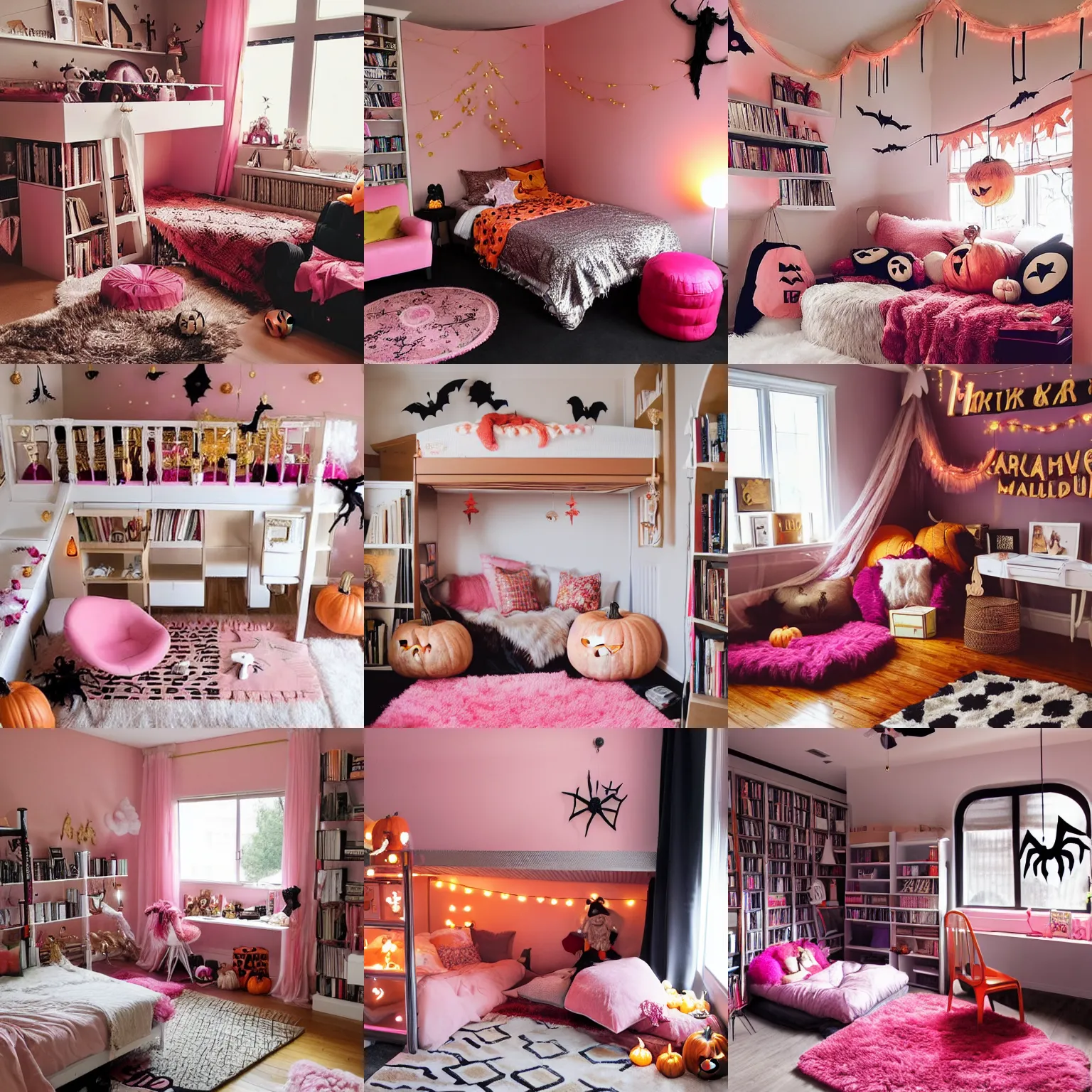 Prompt: a pink and gold bedroom with halloween themed christmas decorations, loft bed with a fake house underneath to hang out in, books, throw rug, cushions, gamer chair and desk, relaxing, real life, high resolution, kawaii