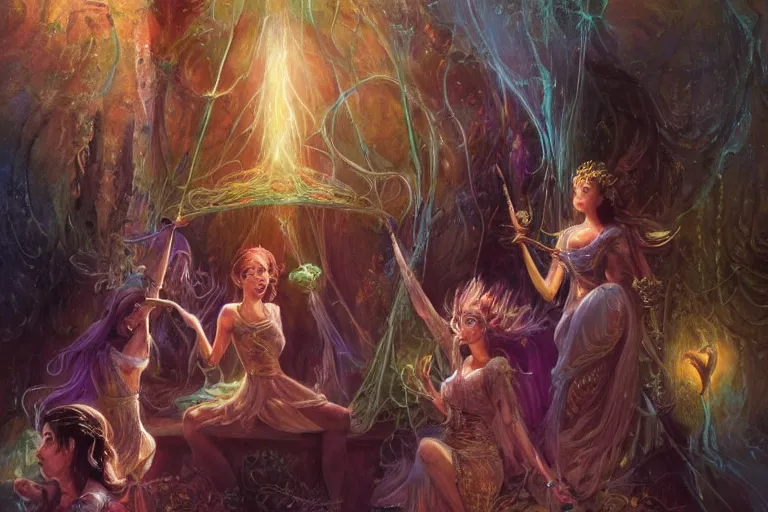 Prompt: the muses. threads of magic emanate to the world... a sacred chant rivendell, the garden of eden, sacred singers they who took up the strings of the deep, and turned the cacophony of an angry world into songs of unity and peace. morning lighting hopeful, cinematic fantasy painting, dungeons and dragons, jessica rossier and brian froud