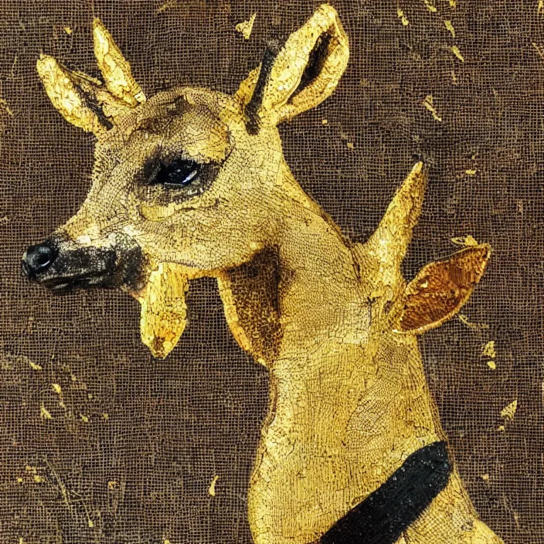 Prompt: tiny deer made of gold, detailed and highly reliefed analogue mixed media collage with canvas texture in style of conteporary art, punk art, hyperrealistic beautiful, photorealistic, expressionism, masterpiece, perfect composition, spectacular quality, intricate oil details