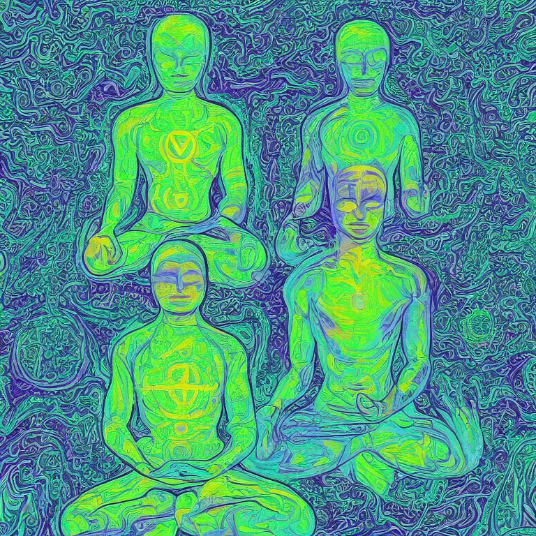 Prompt: human smiling meditating supreme peace immense knowledge infinite color dmt art cyan green detachment from material