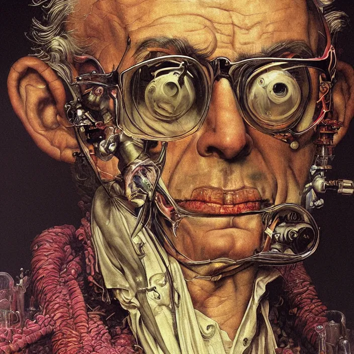 Prompt: baroque neoclassicist colorful sci - fi close - up portrait of mad scientist's anatomy. reflective detailed textures. studio lighting, dark background. highly detailed fantasy science fiction painting by, moebius, norman rockwell, frank frazetta, and syd mead. high contrast. artstation