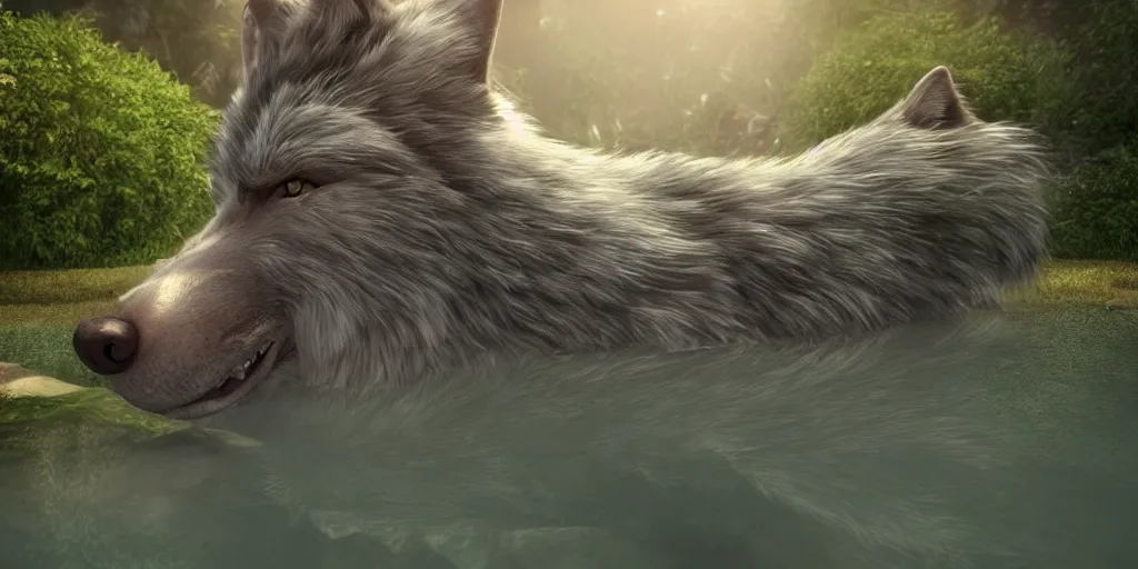 Image similar to a detailed CGI rendered anthropomorphic wolf furry(with long hair and cute big green eyes, tail raised, concerned expression, anthro wolf face, very fluffy and furry) standing in a pool, shot in wide angle, with soft lighting. Digital art render, artstation, ultra detailed