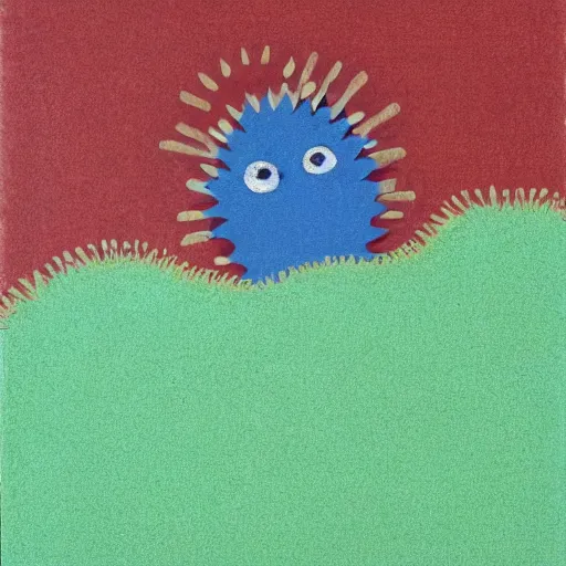 Prompt: a short brown creature with a rounded head and flat sides, mouth open with spiky teeth showing, nostrils but no nose, green carpet, blue painted wall, acrylic on canvas