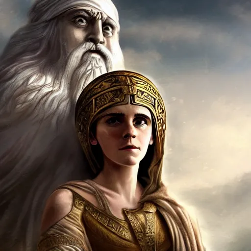 Image similar to Emma Watson as ancient greek woman in golden helmet standing on giant grey-haired bearded male face in the sky, epic fantasy style art, fantasy epic digital art