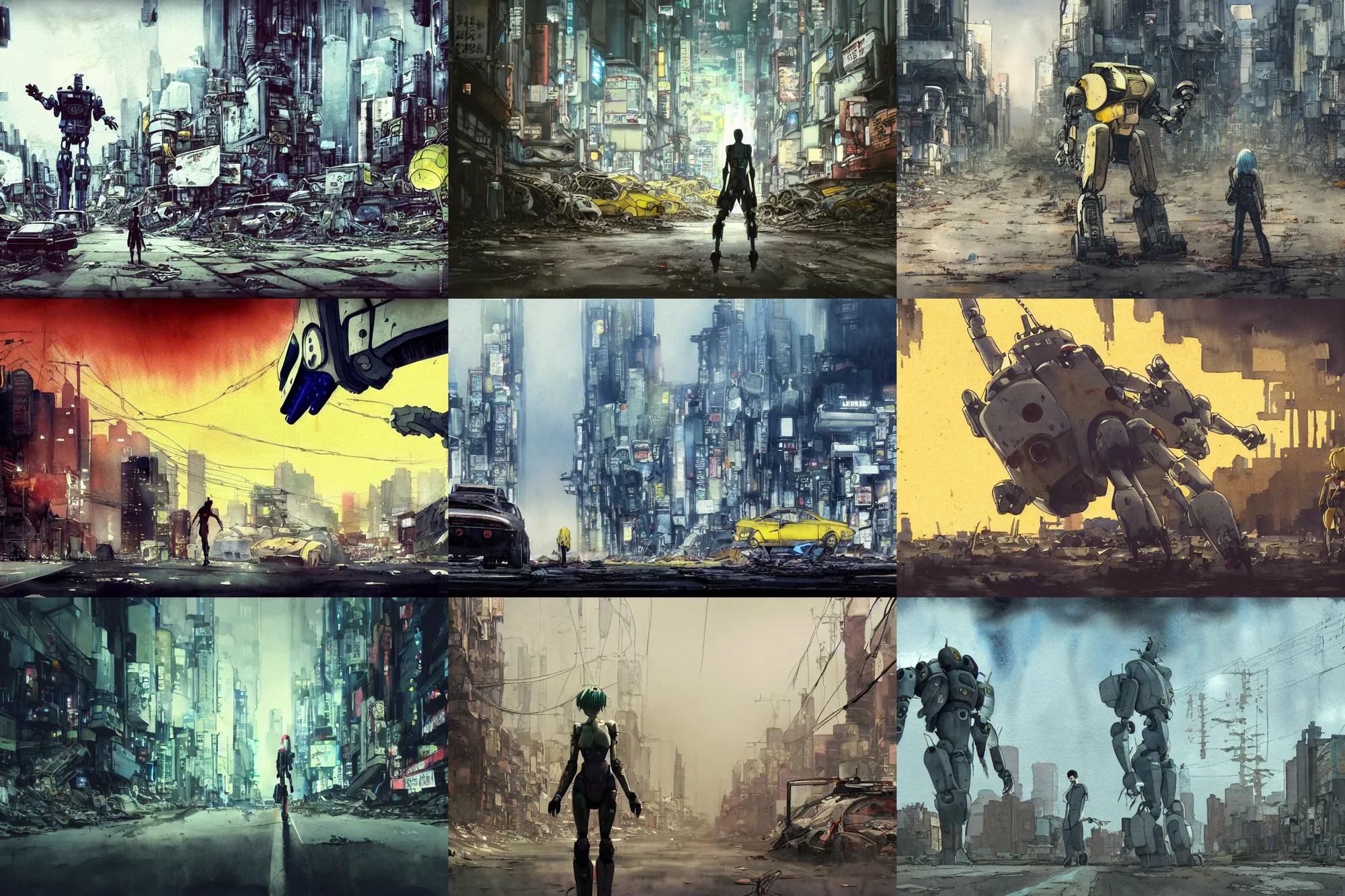 Prompt: incredible perspective screenshot, ultrawide, simple watercolor, watercolor paper, rough paper texture yellow atmosphere,masamune shirow ghost in the shell movie, katsuhiro otomo akira movie scene, forced perspective, graveyard, scrapyard, robot arm bursting from the ground, zombie reaching out of a grave, robot art cracking the road, robot arm stretching into the sky, robot arm skeleton, robot arm reaching out of the grave, backlit eople run in the foreground, rim light, hawken, genius party,shinjuku, koju morimoto, katsuya terada, masamune shirow, tatsuyuki tanaka hd, 4k, remaster, dynamic camera angle, deep 3 point perspective, fish eye, dynamic scene