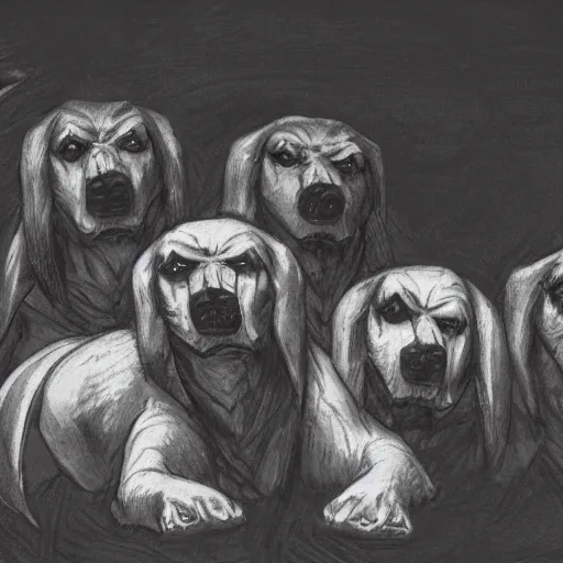 Prompt: Cerberus guarding a pile of skulls