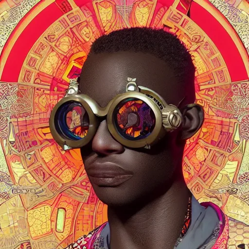 Image similar to colourful vfx upper half - portrait - art of a nigerian boywearing steam punk goggles, art by utagawa kunisada, james jean & alphonse mucha, symmetrical, intricate detail, concept art, volumetric light, ray tracing, caricature, digital illustration, octane 3 d render, unreal engine, sharp, pinterest, behance, art station,