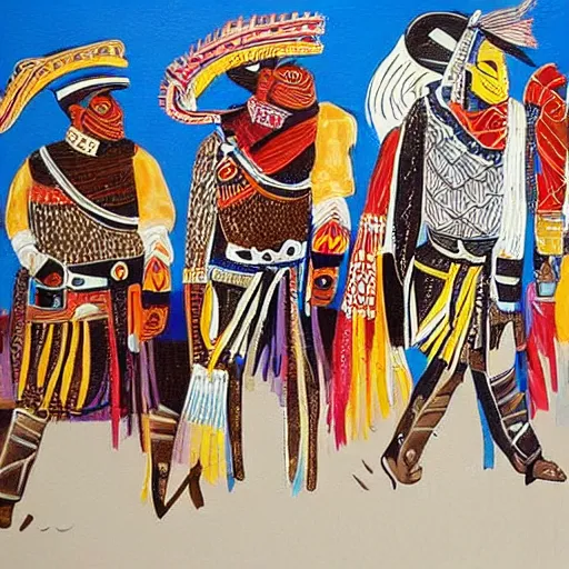 Prompt: Mural painting from a culture inspired by cowboys, Tuaregs and samurais