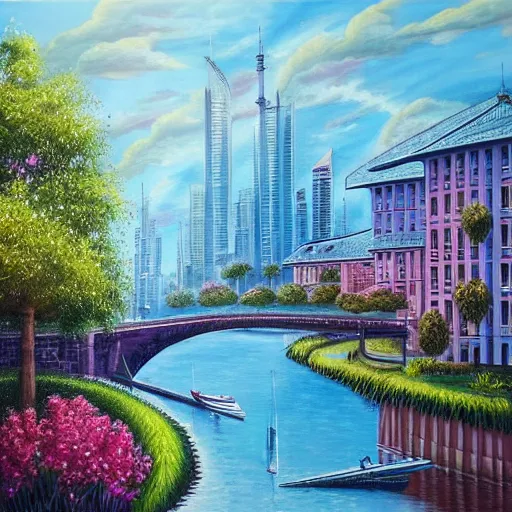 Image similar to Beautiful city of the future in harmony with nature. Beautiful detailed painting by Lurid. (2022)