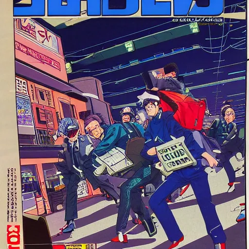 Prompt: 1993 Magazine Cover, Anime Neo-tokyo 4 bank robbers fleeing the scene with bags of money, Police Shootout, MP5S, Highly Detailed, 8k :4 by Katsuhiro Otomo : 8