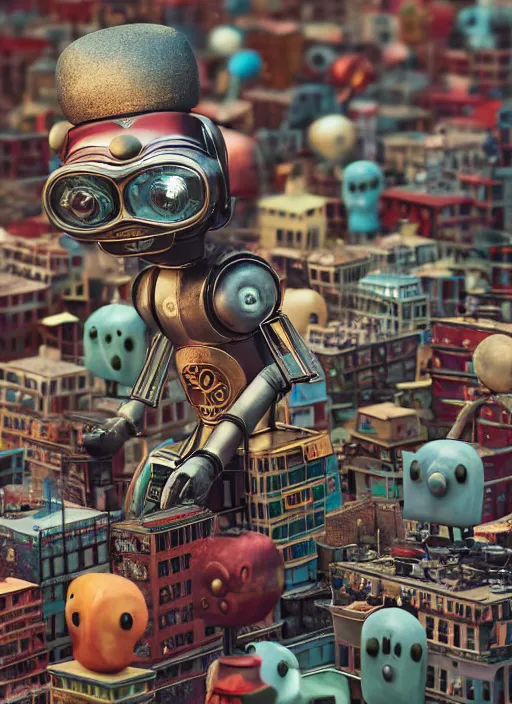 Image similar to closeup portrait of tin toy robot city, depth of field, zeiss lens, detailed, symmetrical, centered, fashion photoshoot, by nicoletta ceccoli, mark ryden, lostfish, breathtaking, 8 k resolution, extremely detailed, beautiful, establishing shot, artistic, hyperrealistic, octane render