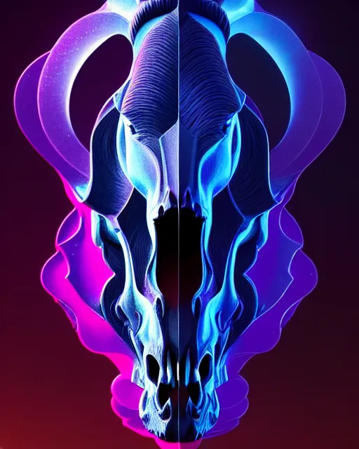 Image similar to 3 d ornate carved dark cosmic horse with profile portrait, sigma 5 0 0 mm f / 5. beautiful intricate highly detailed horse skull. bioluminescent, plasma, lava, ice, water, wind, creature, thunderstorm! artwork by tooth wu and wlop and beeple and greg rutkowski, 8 k trending on artstation