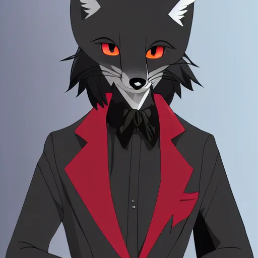 Image similar to key anime visual of a portrait anthropomorphic black male fox anthro furry fursona with long black hairstyle, wearing a wine red business suit, stern menacing male eyes, looking down, modern anime style