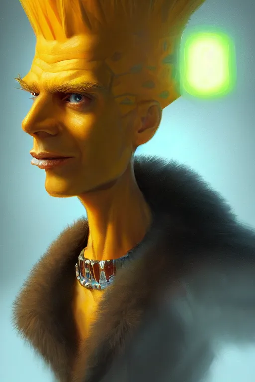 Prompt: highly detailed portrait of an elegant bart simpson, ornate crown, beautiful symmetrical face, glowing skin, digital painting, artstation, concept art, smooth, clear focus, illustration, greg rutkowski, artgerm, global lighting, detailed and fantasy