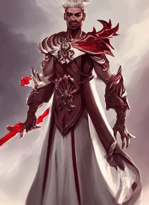 Image similar to a highly detailed illustration of white haired african priest, wearing cross on robe, wielding red blades made of blood, evil standing smiling pose, muscular, intricate, elegant, highly detailed, centered, digital painting, artstation, concept art, smooth, sharp focus, league of legends concept art, WLOP