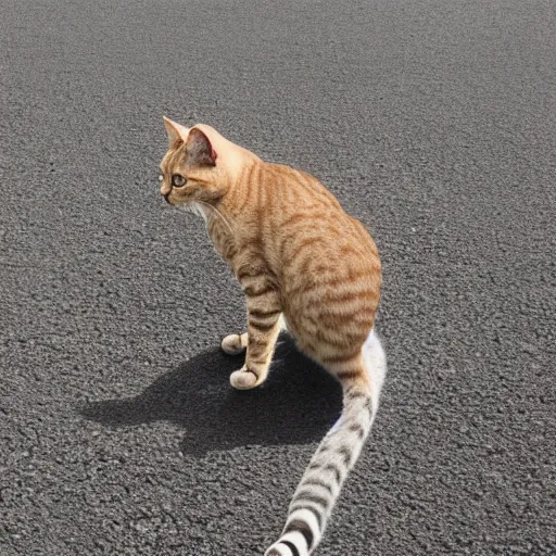 Prompt: symmetrical photo of cat standing on asphalte