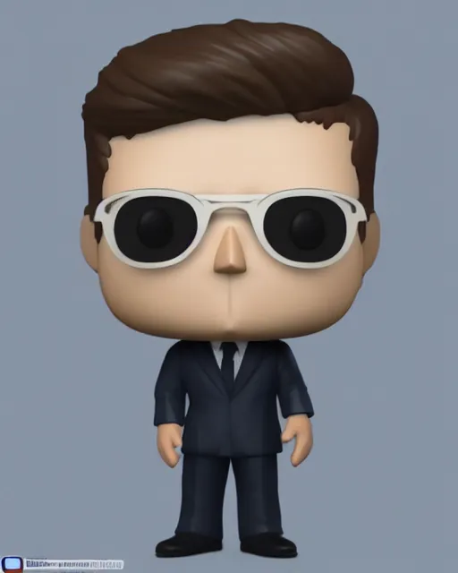 Image similar to full body 3d render of john f kennedy as a funko pop, studio lighting, white background, blender, trending on artstation, 8k, highly detailed