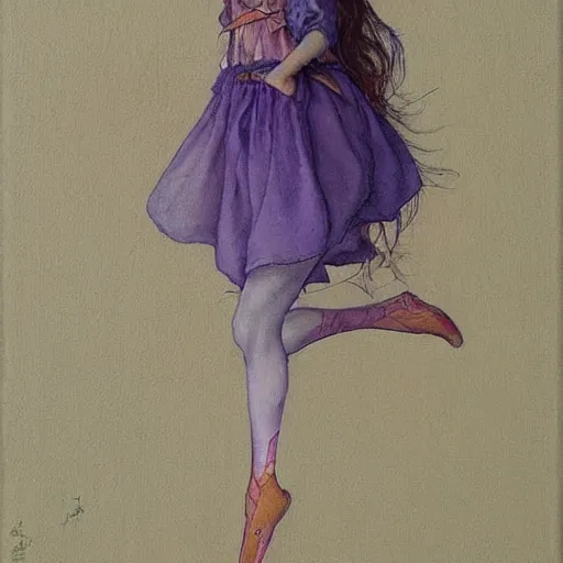 Image similar to little elf tomboy, purple tunic, soft hair. light color palate, detailed soft painting, ayami kojima, anatomically correct, inspired in balthus