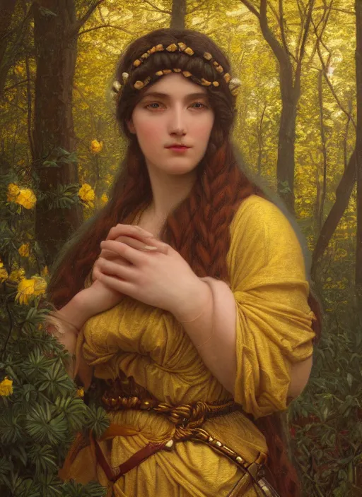 Image similar to intricate oil painting portrait by John William Godward and Anna Dittman depicting a female fantasy cleric in a bright temple surrounded by yellow spring forest and dead trees, evening, atmospheric lighting, intricate detail, cgsociety, hyperrealistic, octane render, RPG portrait, ambient light, dynamic lighting