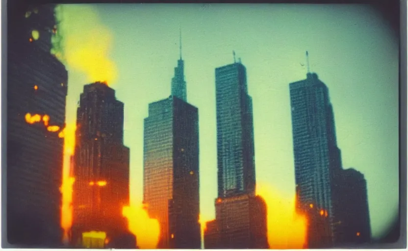 Prompt: analog polaroid of skyscrapers on fire, neon lights, gritty