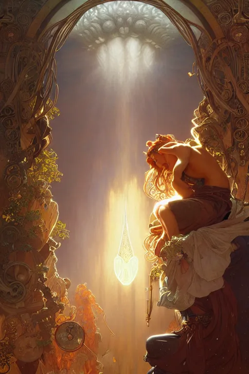 Image similar to highly detailed portrait of god zeus, alphonse mucha, stephen bliss, unreal engine, fantasy art by greg rutkowski, rhads, ferdinand knab, makoto shinkai and lois van baarle, ilya kuvshinov, rossdraws, tom bagshaw, global illumination, radiant light, detailed and intricate environment, steampunk