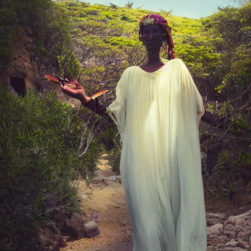 Image similar to beautiful bellidancer girl walks around Socotra among endemic plants, flowers and snags in a long transparent flowing dress and meets mystical animals, mystical insects, mystical birds, lizards, snakes, gorgeous, Atmosphere, hypnotic dimensions, mythology, Rococo, photorealism, ruan jia, steve mccurry, Zdzislaw Beksinski style, hyperrealistic, sharp focus, intricate concept art, digital painting, ambient lighting, 4k, hdt, artstation trending on Gsociety, trending on ArtstationHQ, trending on deviantart, professionally post-processed, wide-angle action dynamic portraithyperdetailed, hyper quality, 16K