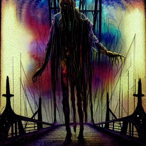 Prompt: watercolor horror spiritual dmt art in dark and muted colors, disturbing grunge still of a lovecraftian demon infested guy on a bridge, by arthur adams, by tom bagshaw, by henry asencio, by kikuchi hideyuki