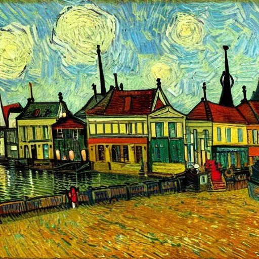 Prompt: a painting of schiedam in the style of van gogh