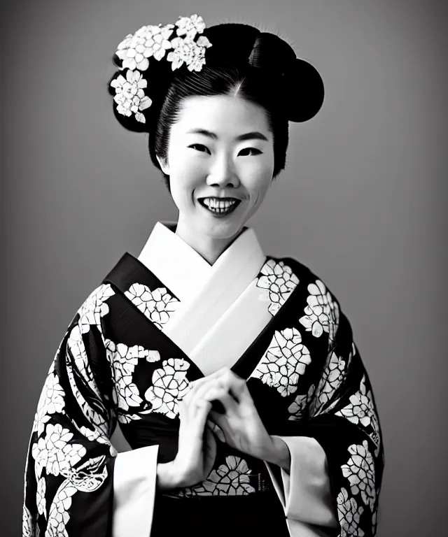 Image similar to a grainy black and white film photograph shot on kodak 4 0 0 tx, portrait of one!! beautiful japanese woman wearing a traditional kimono with a very ornate pattern of cranes and flowers, she smiles, her hair is tied above her head, the scene is shot on a canon 8 5 mm f / 1. 4 in a studio setting with dramatic and cinematic lighting